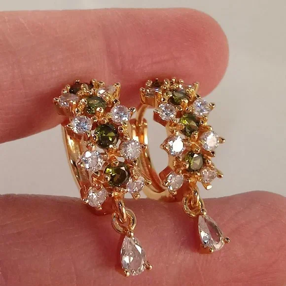 18K Yellow Gold Filled Olive Green Diamond Zircon Hoop Dangle Earrings - Picture 6 of 7